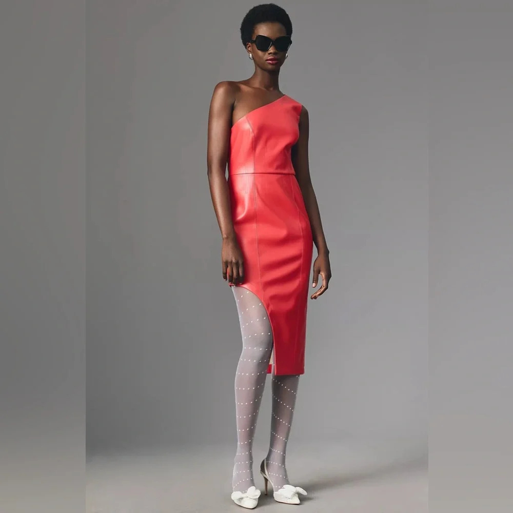 Anthropology Hutch One-Shoulder High-Slit Faux Leather Midi Dress Red